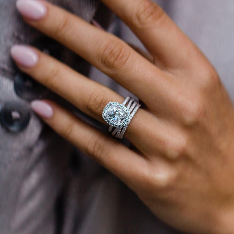 Gorgeous Halo Cushion Cut 3PC Wedding Set In Sterling Silver-Sterling Silver-lornajewelry