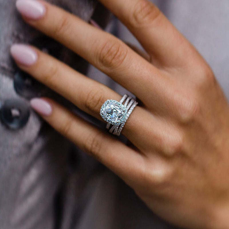 Gorgeous Halo Cushion Cut 3PC Wedding Set In Sterling Silver-Sterling Silver-lornajewelry