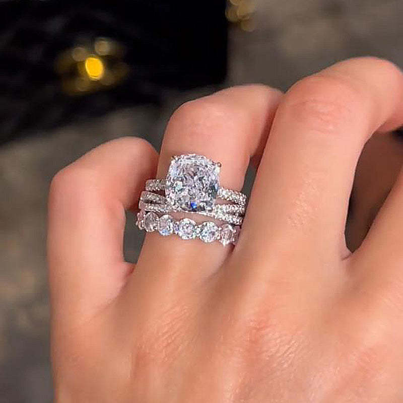 Luxurious Cushion Cut 3PC Wedding Ring Set In Sterling Silver-Sterling Silver-lornajewelry