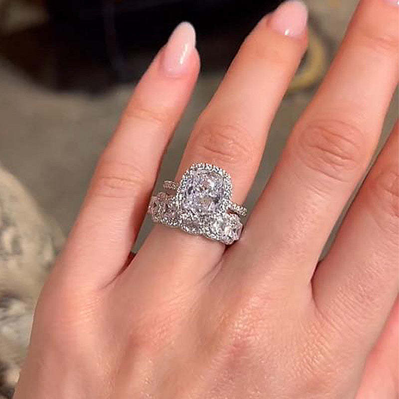 Timeless Halo Cushion Cut Women's Wedding Ring Set In Sterling Silver-Sterling Silver-lornajewelry