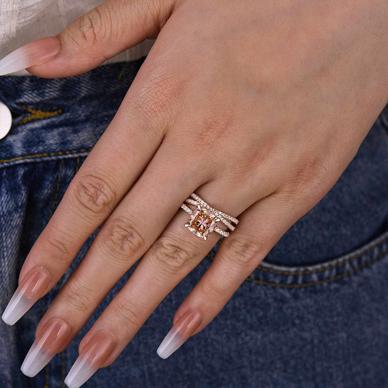 Morganite Pink Hidden Halo Cushion Cut Elegant Wedding Set In Sterling Silver-Sterling Silver-lornajewelry