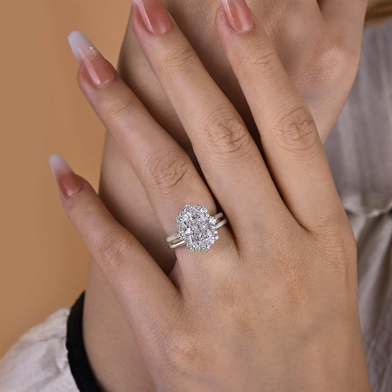 Elegant Halo Radiant Cut Wedding Set For Women In Sterling Silver-Sterling Silver-lornajewelry
