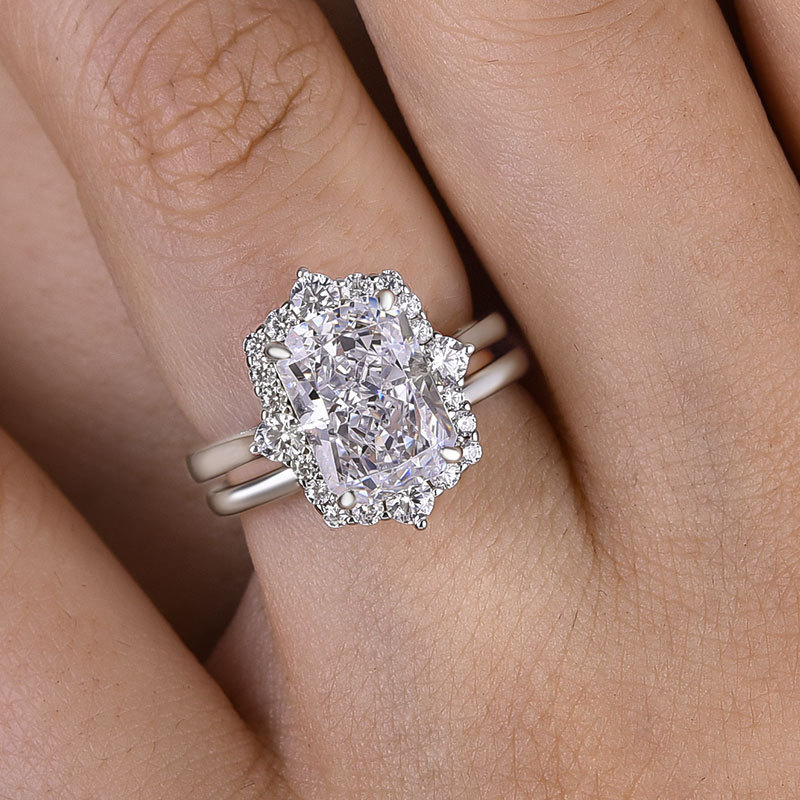 Elegant Halo Radiant Cut Wedding Set For Women In Sterling Silver-Sterling Silver-lornajewelry
