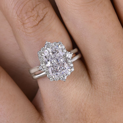 Elegant Halo Radiant Cut Wedding Set For Women In Sterling Silver-Sterling Silver-lornajewelry