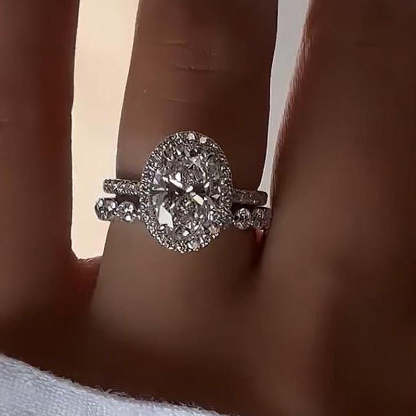 Desirable Halo Oval Cut Wedding Set For Women In Sterling Silver-Sterling Silver-lornajewelry
