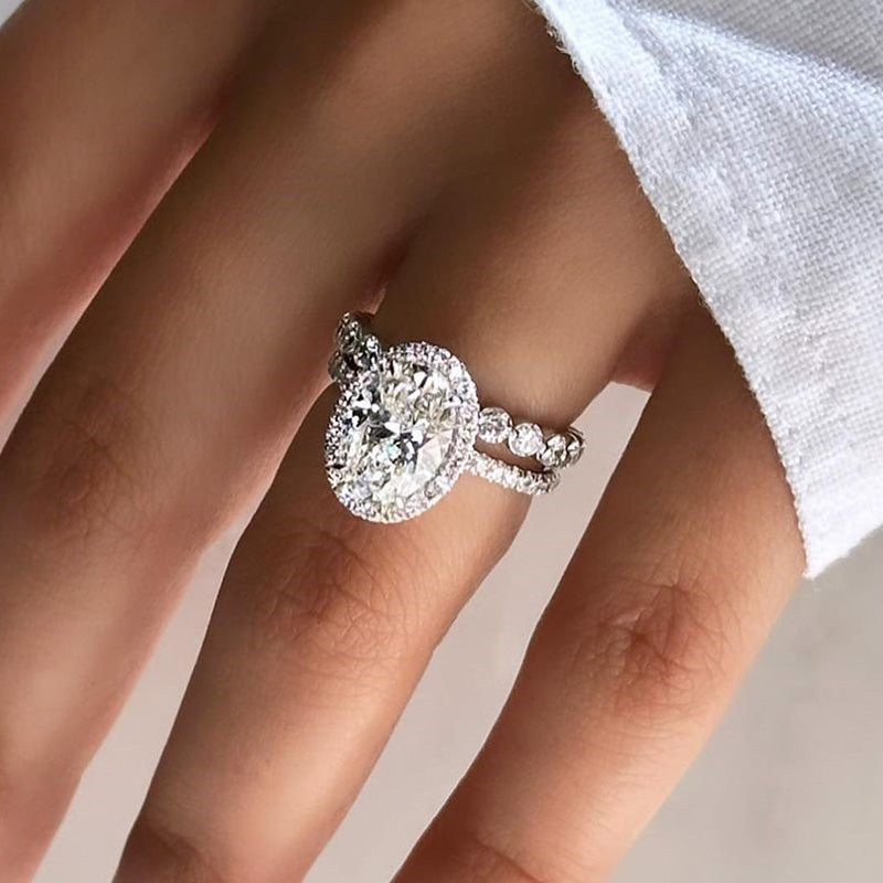 Desirable Halo Oval Cut Wedding Set For Women In Sterling Silver-Sterling Silver-lornajewelry