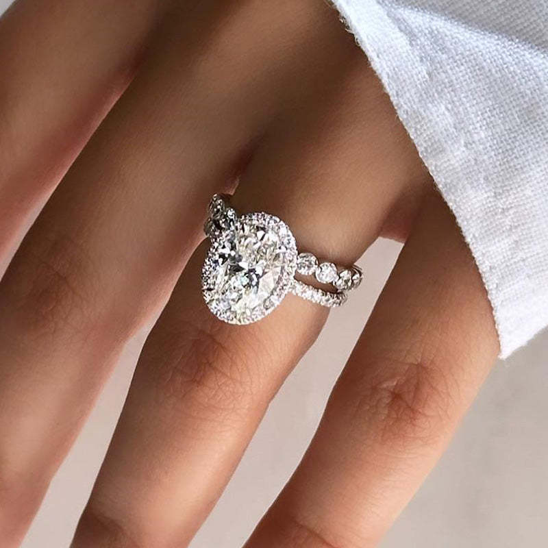 Desirable Halo Oval Cut Wedding Set For Women In Sterling Silver-Sterling Silver-lornajewelry