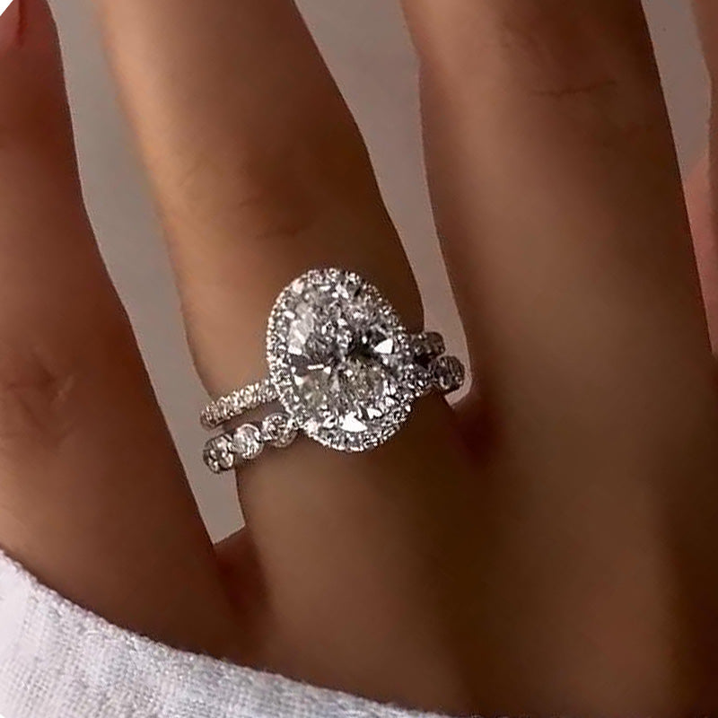 Desirable Halo Oval Cut Wedding Set For Women In Sterling Silver-Sterling Silver-lornajewelry