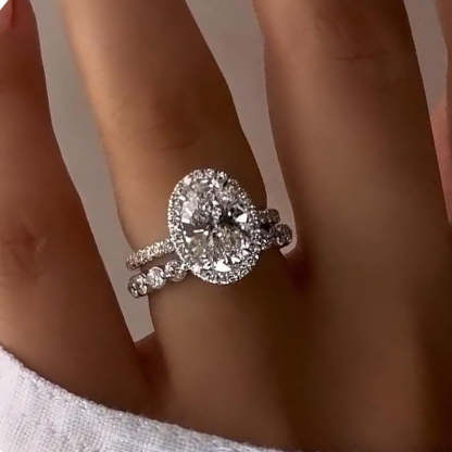 Desirable Halo Oval Cut Wedding Set For Women In Sterling Silver-Sterling Silver-lornajewelry
