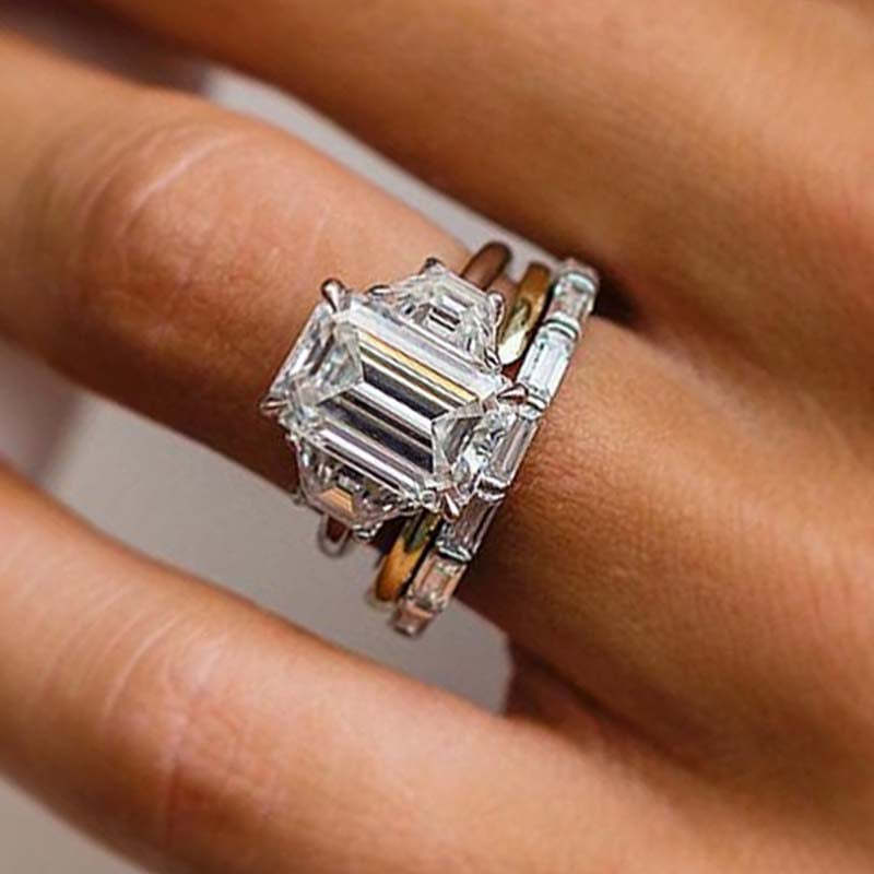 Honorable Three Stone Emerald Cut 3PC Wedding Set-Sterling Silver-lornajewelry