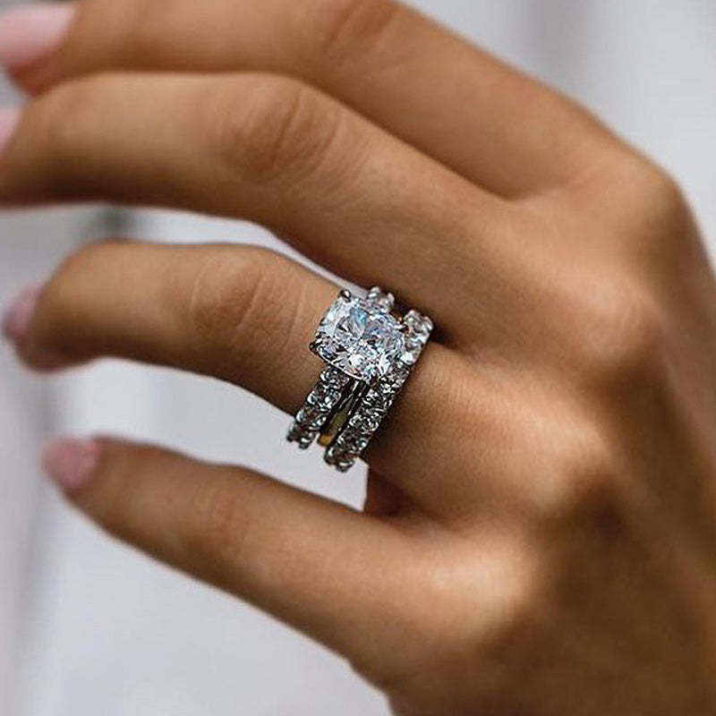 Excellent Crushed Ice Cushion Cut 3PC Wedding Ring Set In Sterling Silver-Sterling Silver-lornajewelry