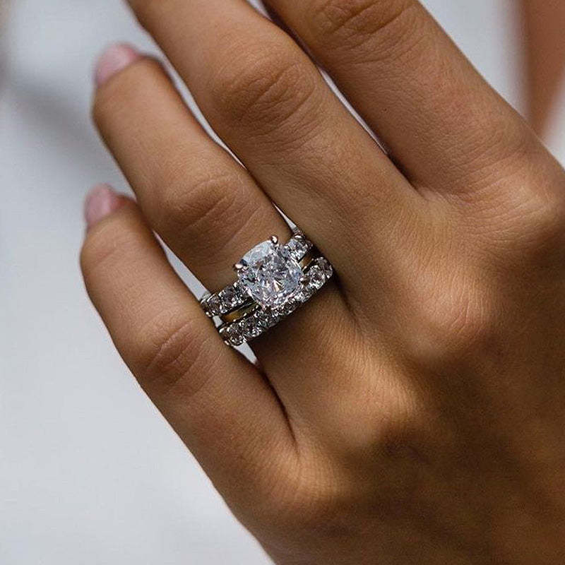 Excellent Crushed Ice Cushion Cut 3PC Wedding Ring Set In Sterling Silver-Sterling Silver-lornajewelry