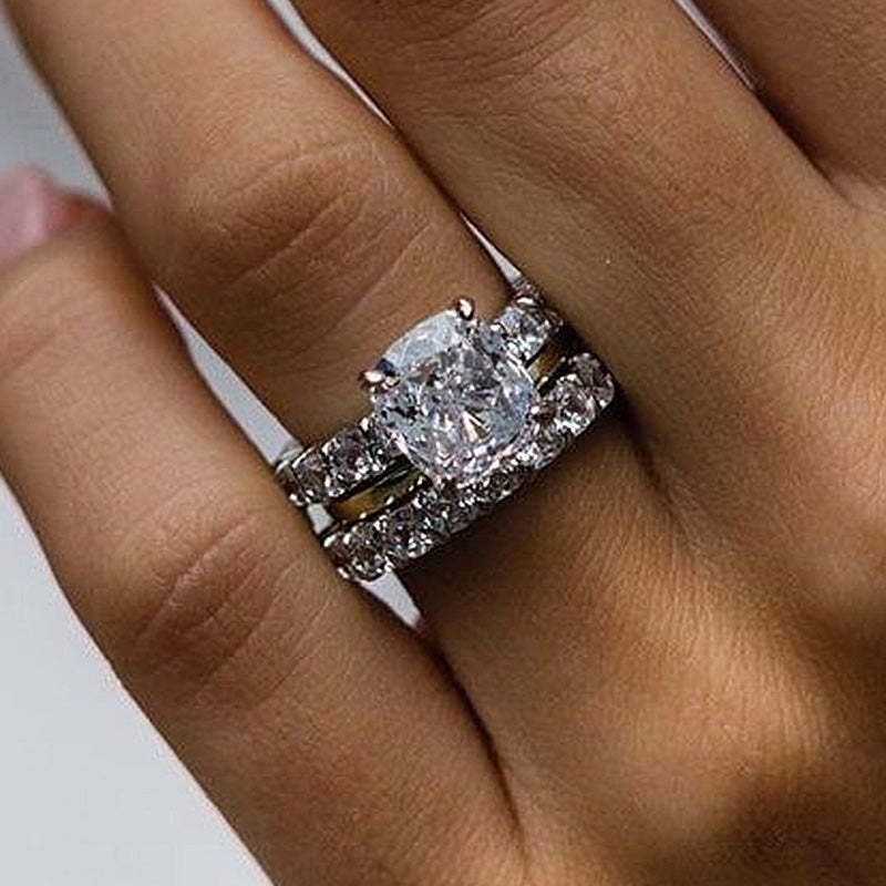 Excellent Crushed Ice Cushion Cut 3PC Wedding Ring Set In Sterling Silver-Sterling Silver-lornajewelry