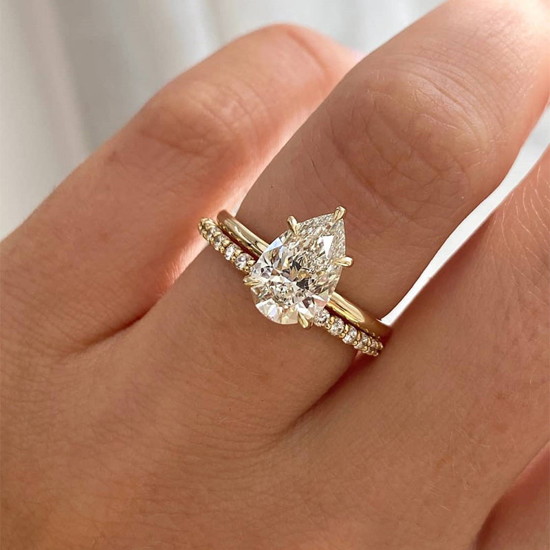 Lovely Yellow Gold Pear Cut Wedding Ring Set In Sterling Silver-Sterling Silver-lornajewelry