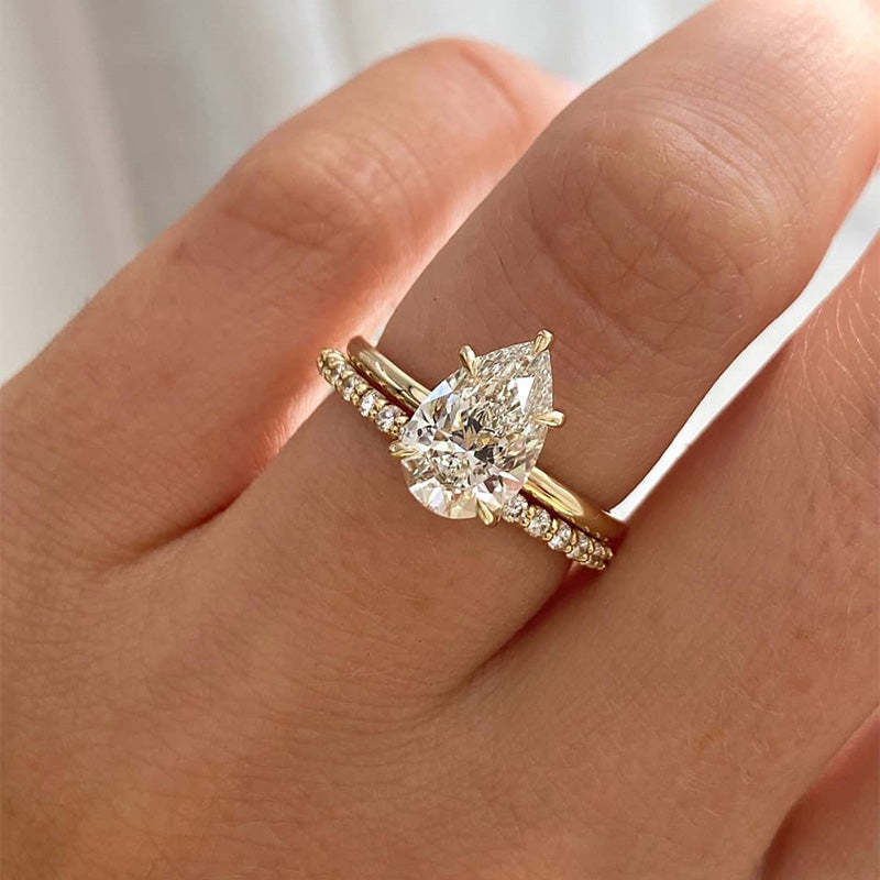 Lovely Yellow Gold Pear Cut Wedding Ring Set In Sterling Silver-Sterling Silver-lornajewelry