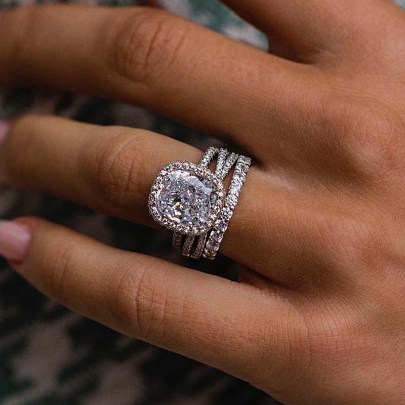 Attractive Halo Cushion Cut 3PC Wedding Set-Sterling Silver-lornajewelry