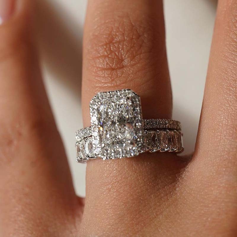 Luxury Halo Radiant Cut Wedding Ring Set-Sterling Silver-lornajewelry