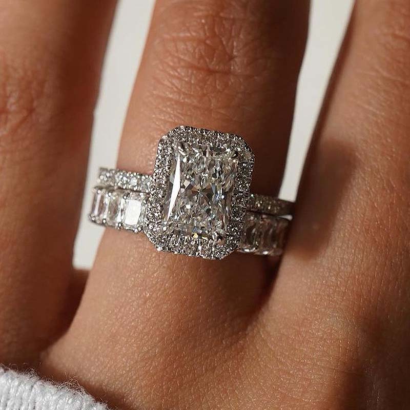 Luxury Halo Radiant Cut Wedding Ring Set-Sterling Silver-lornajewelry