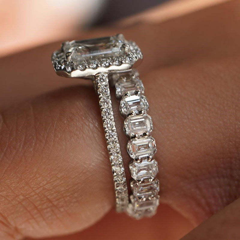 Noble Halo Emerald Cut Wedding Ring Set-Sterling Silver-lornajewelry