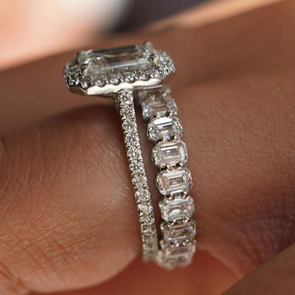 Noble Halo Emerald Cut Wedding Ring Set-Sterling Silver-lornajewelry