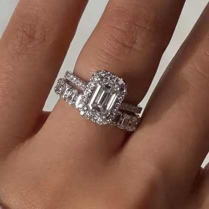 Noble Halo Emerald Cut Wedding Ring Set-Sterling Silver-lornajewelry