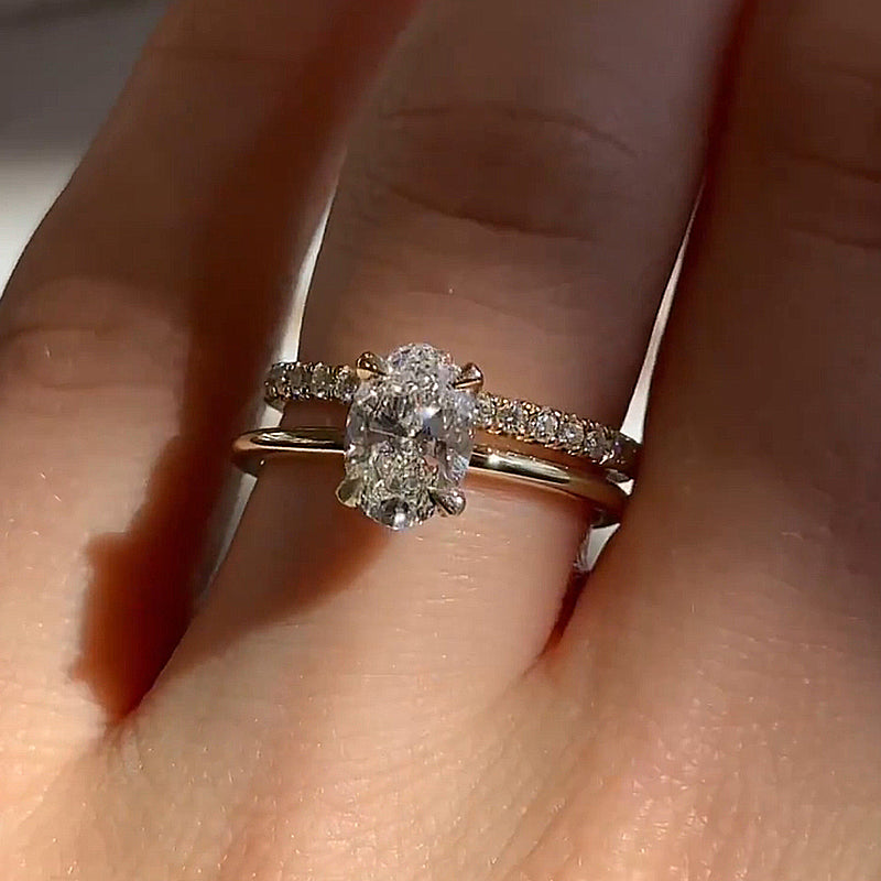 Dainty Yellow Gold Oval Cut Wedding Ring Set-Sterling Silver-lornajewelry