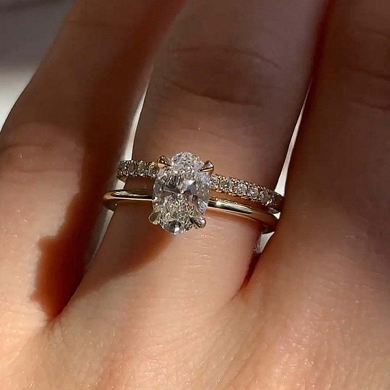 Dainty Yellow Gold Oval Cut Wedding Ring Set-Sterling Silver-lornajewelry