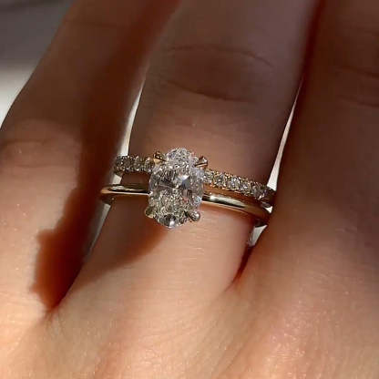 Dainty Yellow Gold Oval Cut Wedding Ring Set-Sterling Silver-lornajewelry