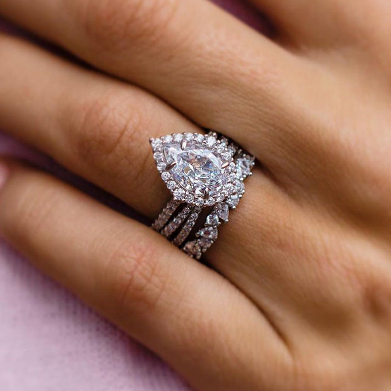 Gorgeous Halo Pear Cut 3PC Bridal Ring Set-Sterling Silver-lornajewelry