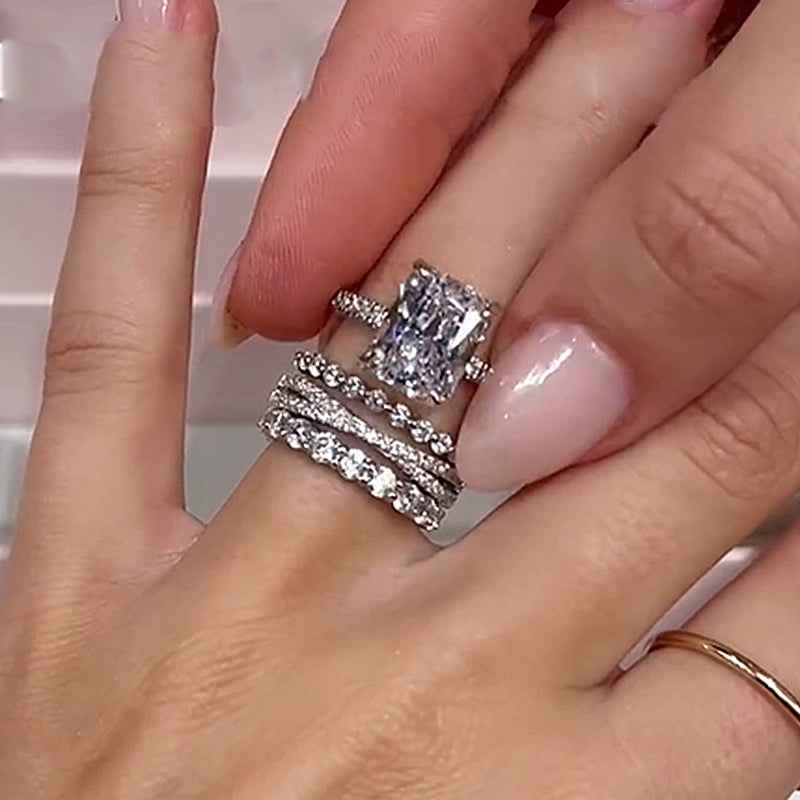 Excellent Crushed Ice Radiant Cut 4PC Wedding Ring Set-Sterling Silver-lornajewelry