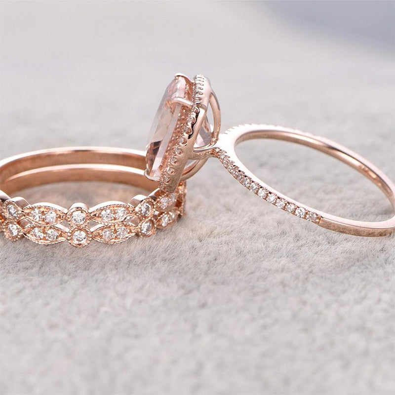 Halo Cushion Cut Synthetic Morganite 3PC Wedding Ring Set-Sterling Silver-lornajewelry