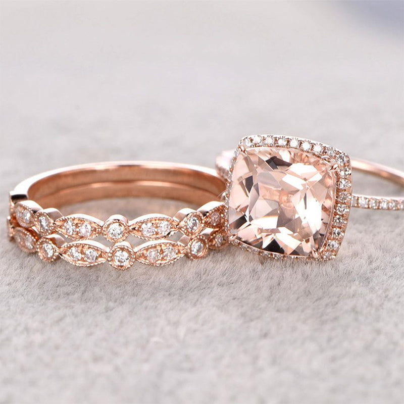 Halo Cushion Cut Synthetic Morganite 3PC Wedding Ring Set-Sterling Silver-lornajewelry