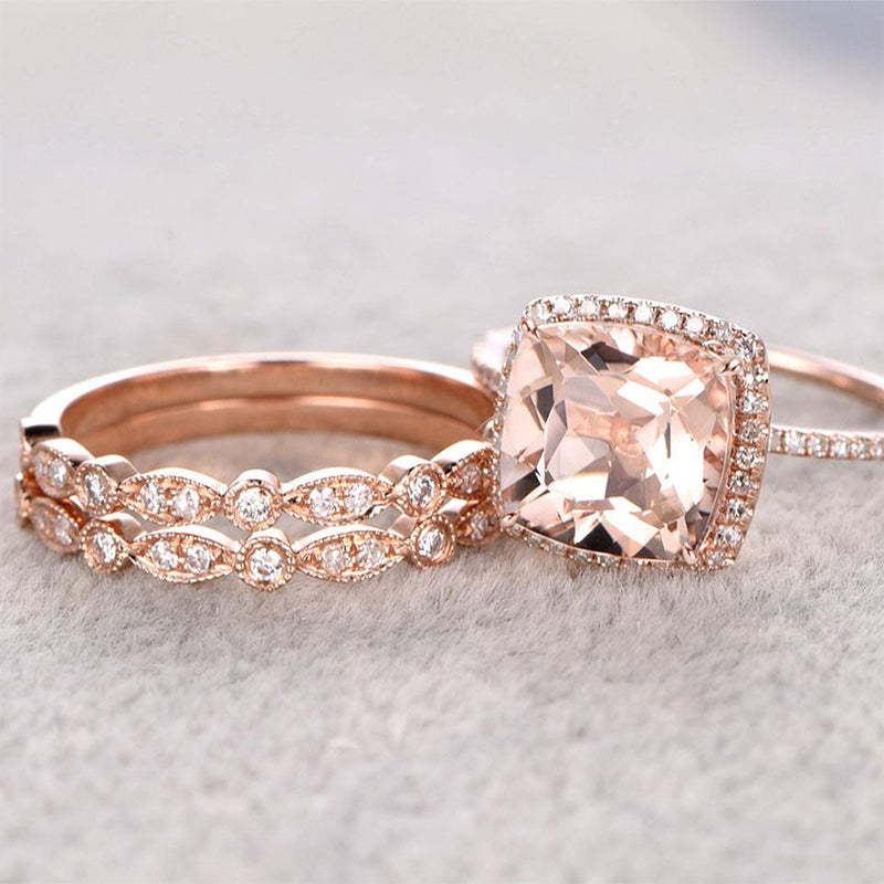 Halo Cushion Cut Synthetic Morganite 3PC Wedding Ring Set-Sterling Silver-lornajewelry