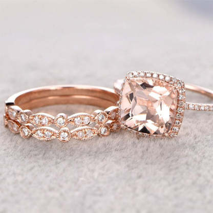 Halo Cushion Cut Synthetic Morganite 3PC Wedding Ring Set-Sterling Silver-lornajewelry