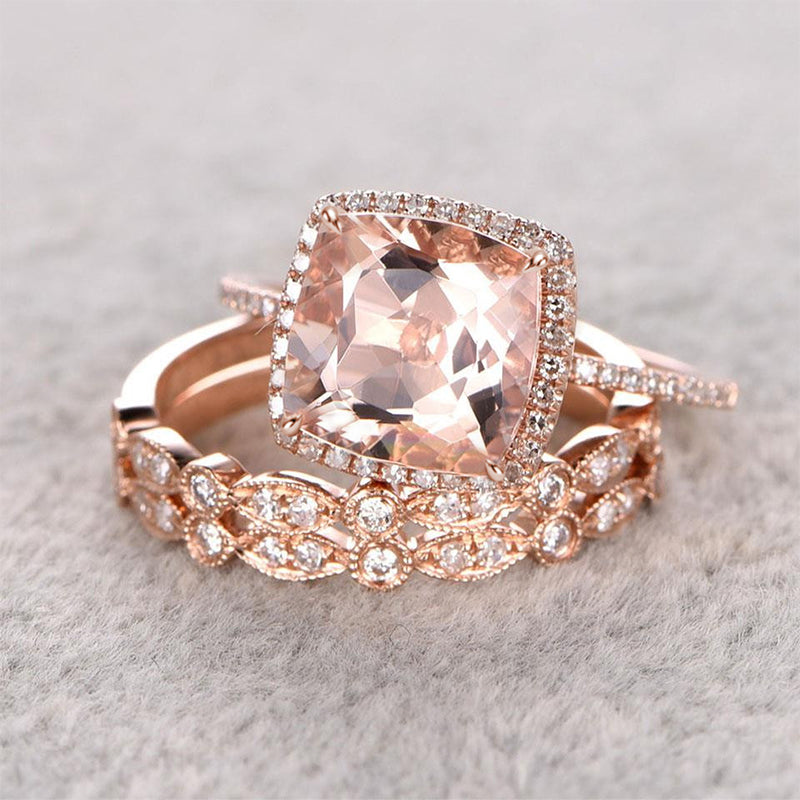 Halo Cushion Cut Synthetic Morganite 3PC Wedding Ring Set-Sterling Silver-lornajewelry