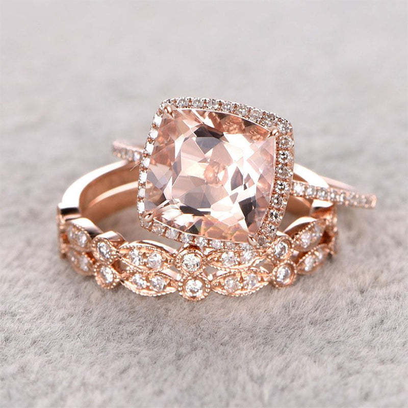 Halo Cushion Cut Synthetic Morganite 3PC Wedding Ring Set-Sterling Silver-lornajewelry