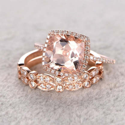 Halo Cushion Cut Synthetic Morganite 3PC Wedding Ring Set-Sterling Silver-lornajewelry