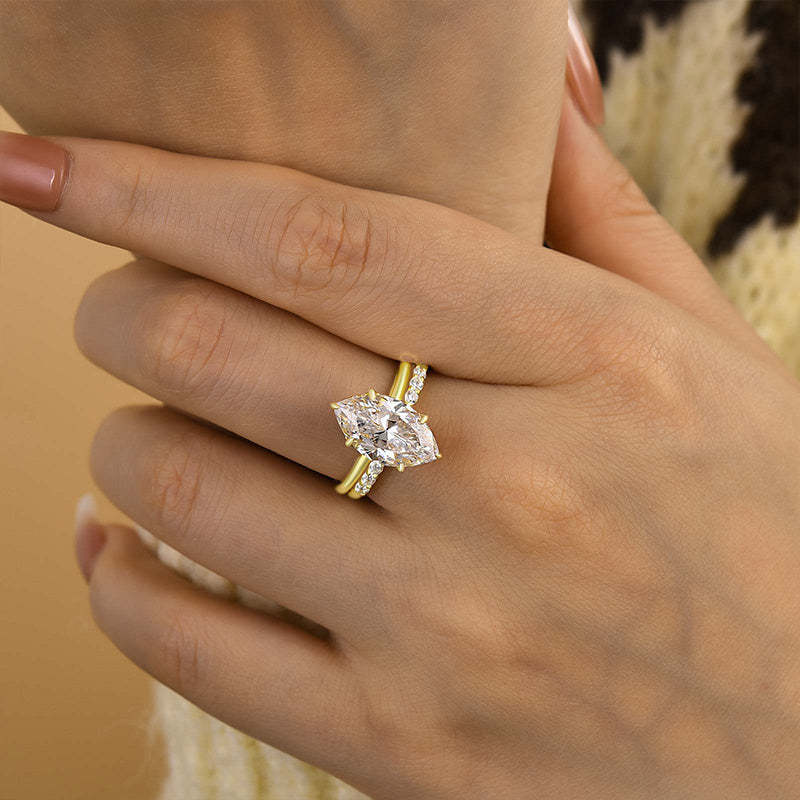 Special Marquise Cut Open Wedding Ring Set-Sterling Silver-lornajewelry