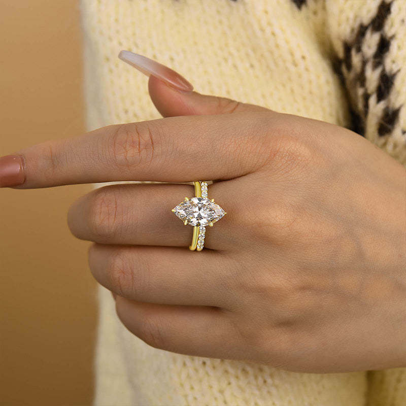 Special Marquise Cut Open Wedding Ring Set-Sterling Silver-lornajewelry