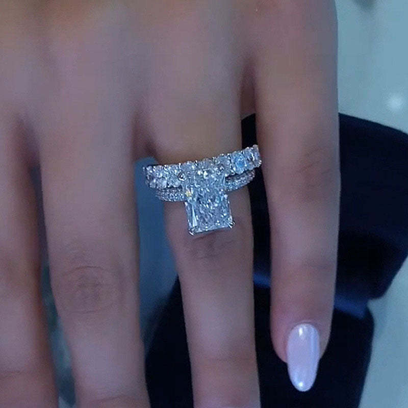 Luxurious Elongated Radiant Cut Wedding Ring Set-Sterling Silver-lornajewelry