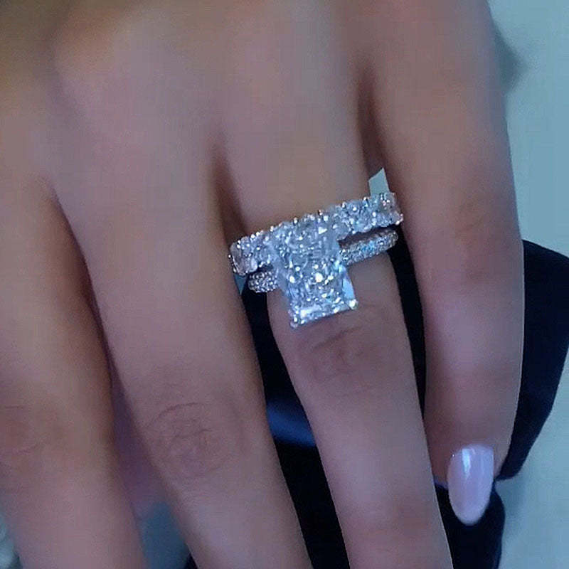 Luxurious Elongated Radiant Cut Wedding Ring Set-Sterling Silver-lornajewelry