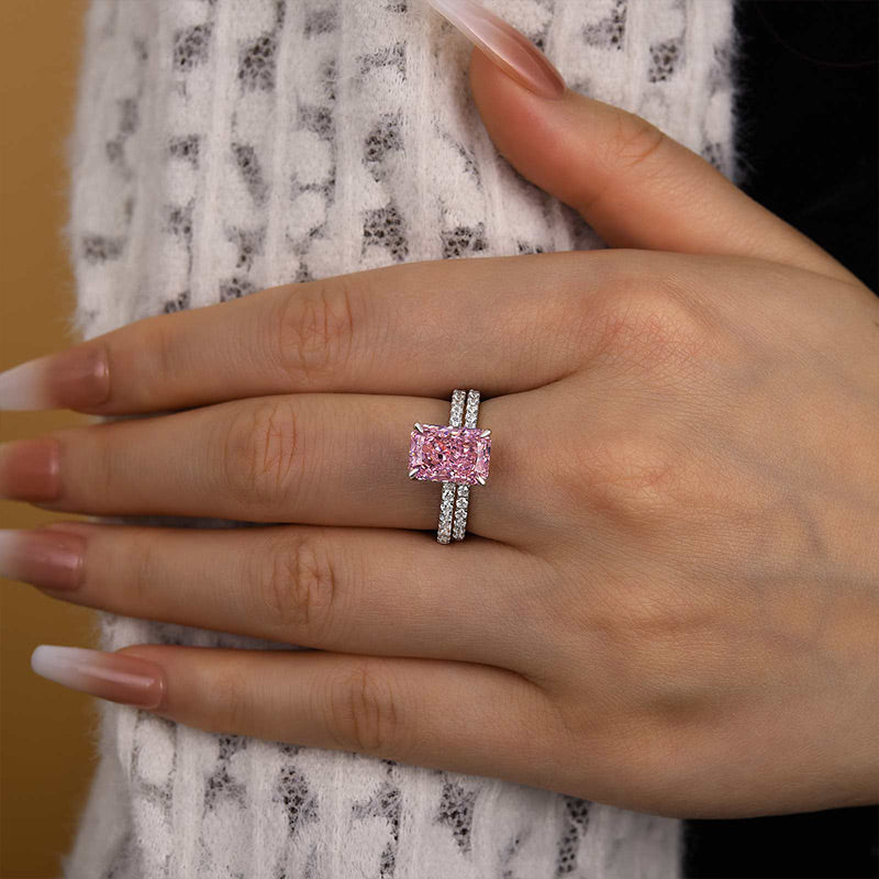 Pink Stone Crushed Ice Radiant Cut Wedding Set-Sterling Silver-lornajewelry