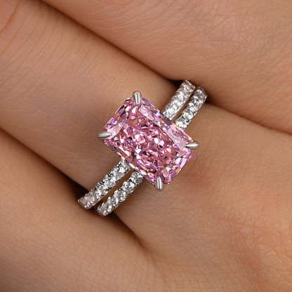 Pink Stone Crushed Ice Radiant Cut Wedding Set-Sterling Silver-lornajewelry