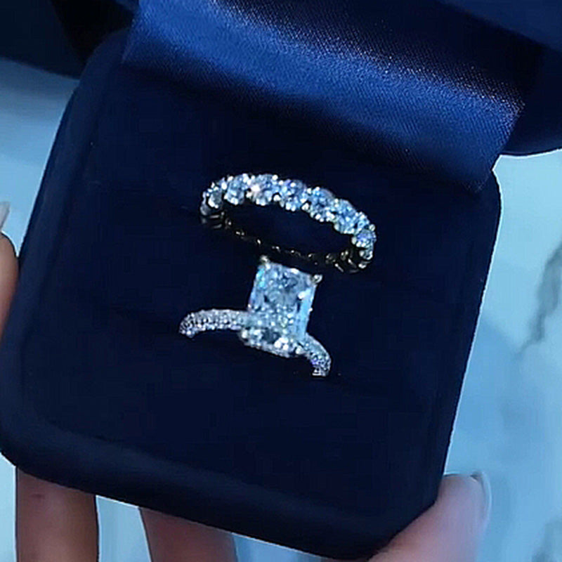 Noble Elongated Radiant Cut Wedding Ring Set-Sterling Silver-lornajewelry