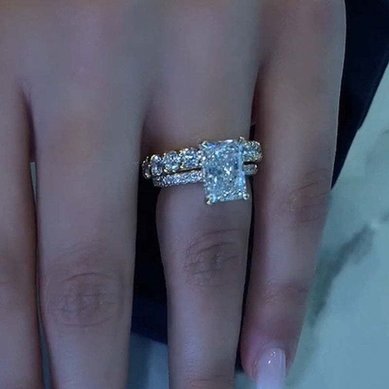 Noble Elongated Radiant Cut Wedding Ring Set-Sterling Silver-lornajewelry