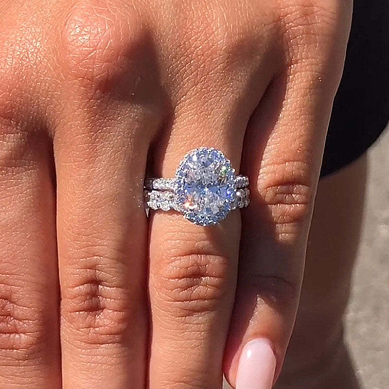 Halo Oval Cut Wedding Set For Women-Sterling Silver-lornajewelry