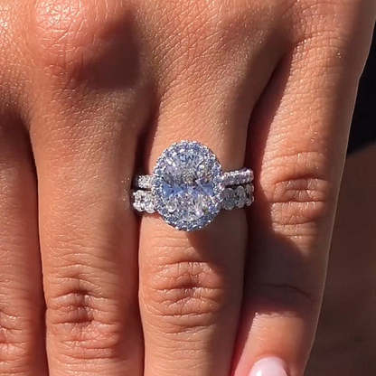 Halo Oval Cut Wedding Set For Women-Sterling Silver-lornajewelry