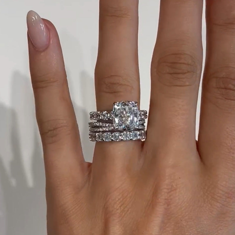 Noble Crushed Ice Cushion Cut 3PC Ring Set For Women-Sterling Silver-lornajewelry