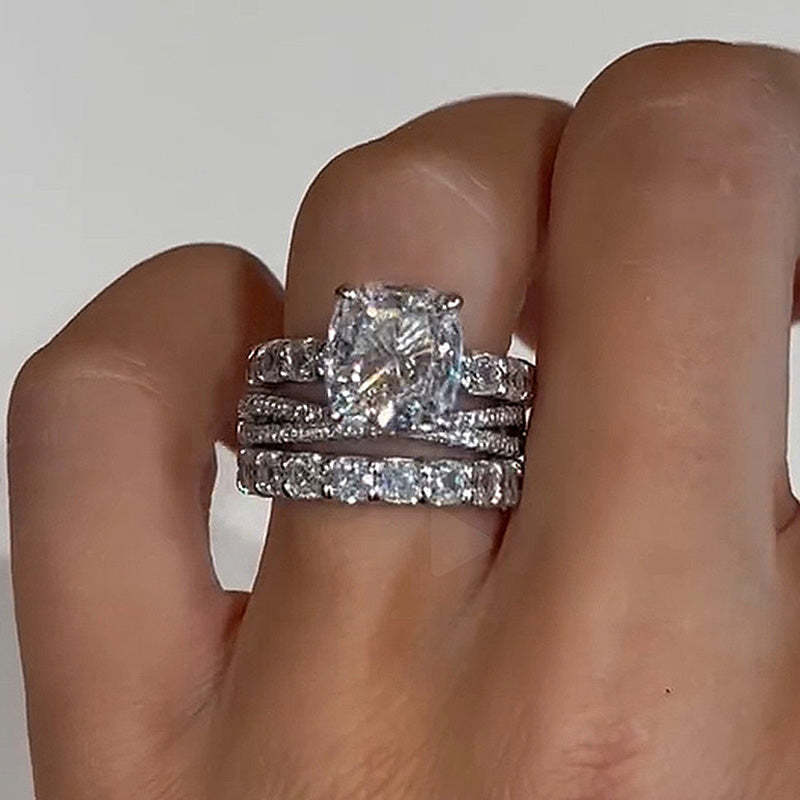 Noble Crushed Ice Cushion Cut 3PC Ring Set For Women-Sterling Silver-lornajewelry