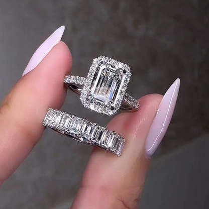 Stunning Halo Emerald Cut Wedding Ring Set-Sterling Silver-lornajewelry